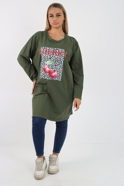 Long Sleeve Cherry Print Tunic Top - Lashra Fashion