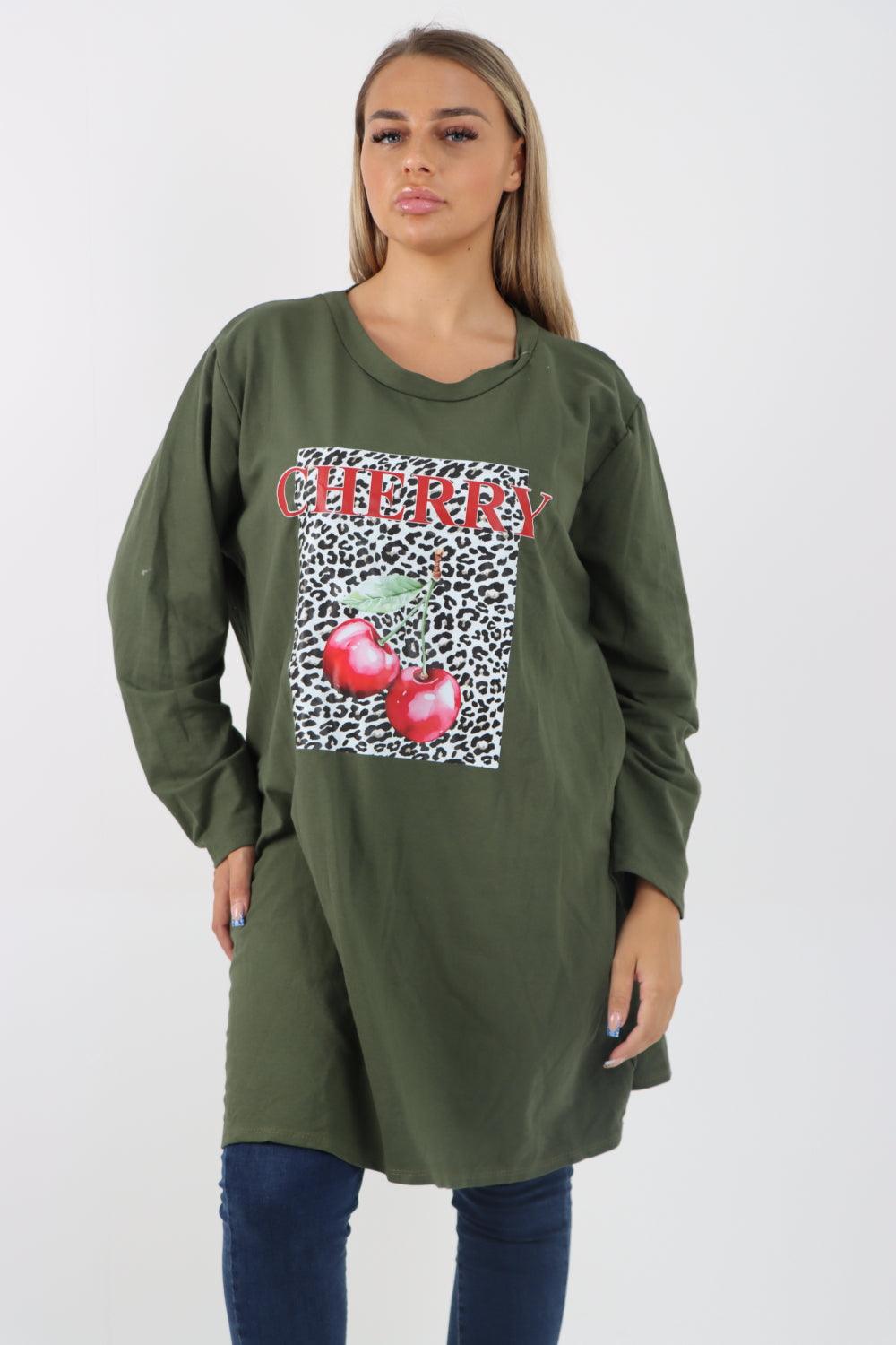 Long Sleeve Cherry Print Tunic Top - Lashra Fashion