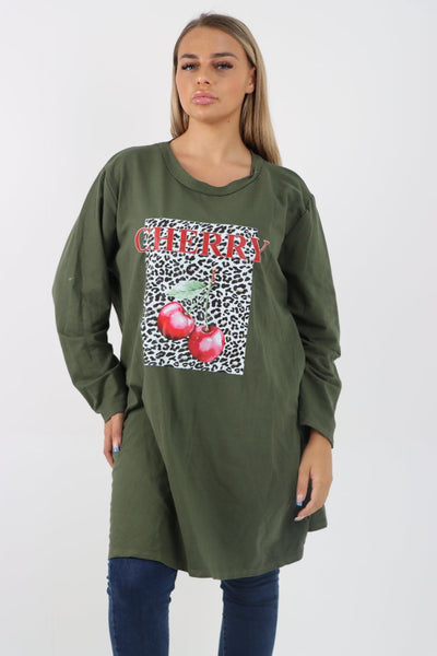 Long Sleeve Cherry Print Tunic Top - Lashra Fashion