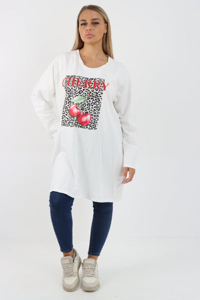 Long Sleeve Cherry Print Tunic Top - Lashra Fashion