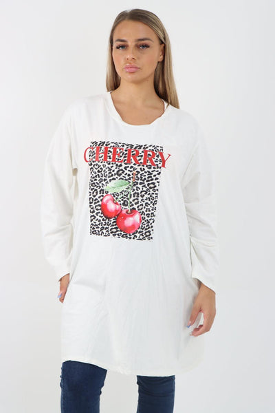 Long Sleeve Cherry Print Tunic Top - Lashra Fashion