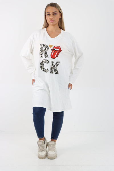 Rock Print Lip Long Sleeve Tunic Top - Lashra Fashion