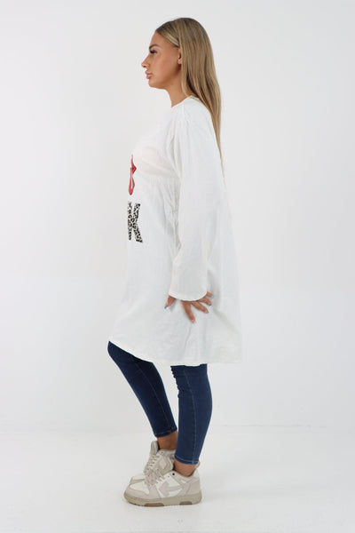 Rock Print Lip Long Sleeve Tunic Top - Lashra Fashion