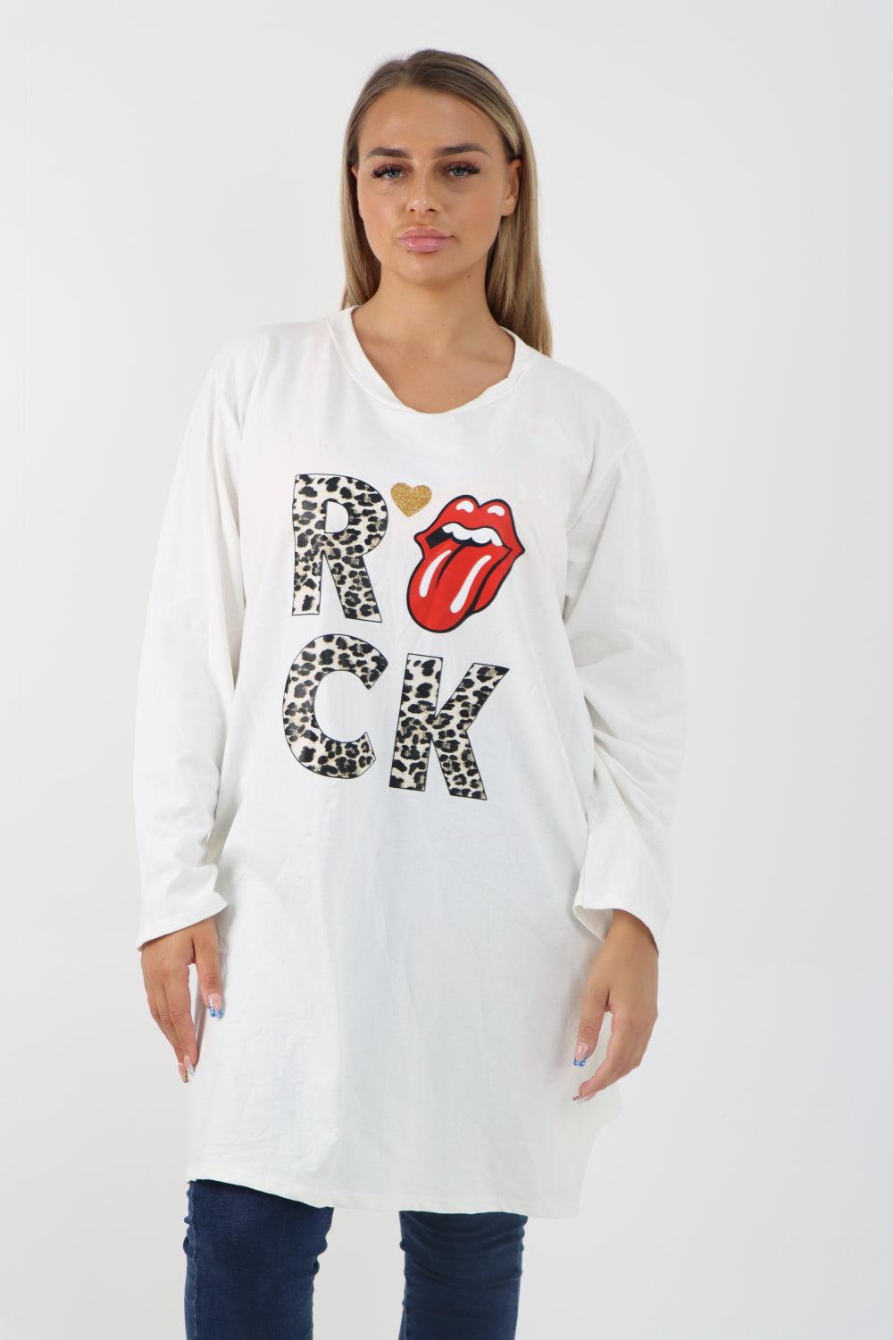 Rock Print Lip Long Sleeve Tunic Top - Lashra Fashion