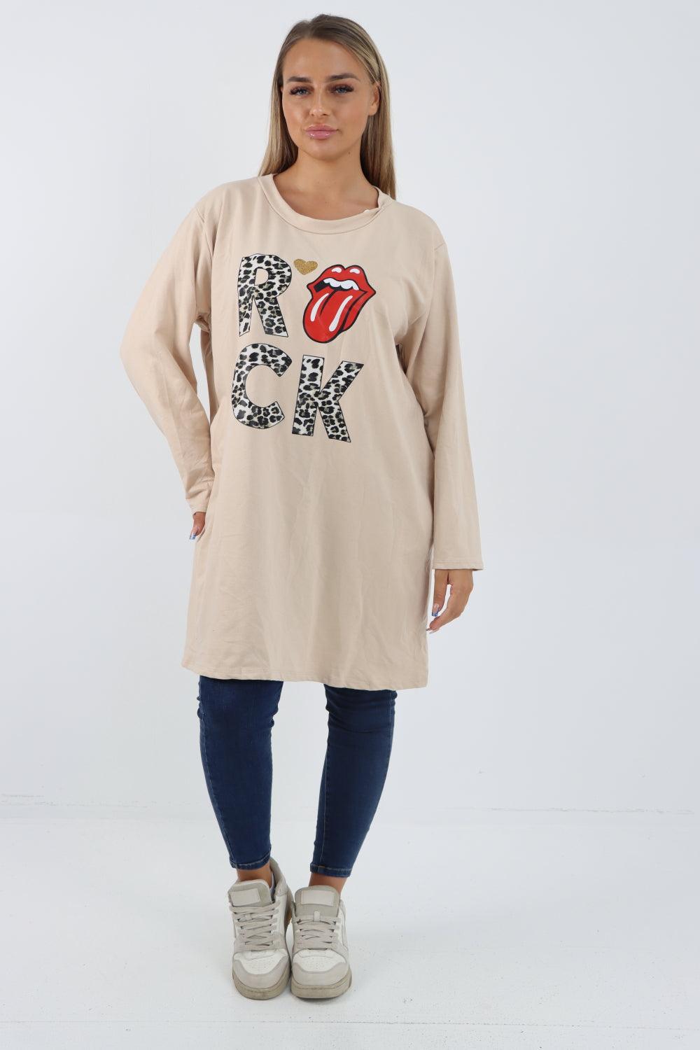 Rock Print Lip Long Sleeve Tunic Top - Lashra Fashion