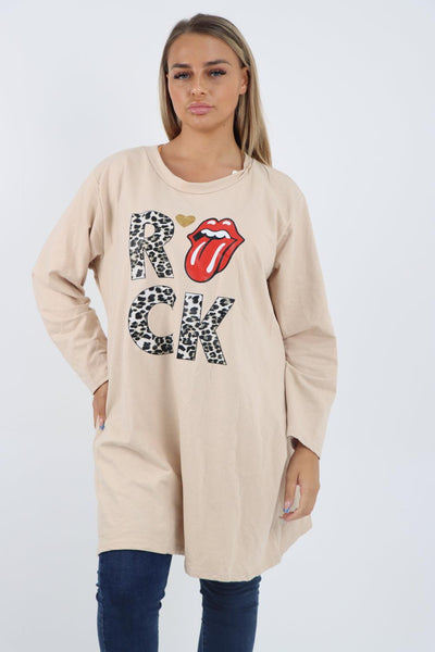 Rock Print Lip Long Sleeve Tunic Top - Lashra Fashion