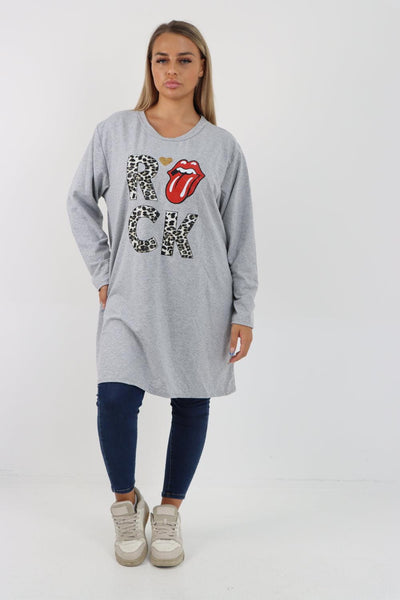 Rock Print Lip Long Sleeve Tunic Top - Lashra Fashion