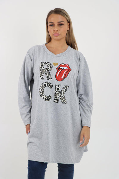 Rock Print Lip Long Sleeve Tunic Top - Lashra Fashion