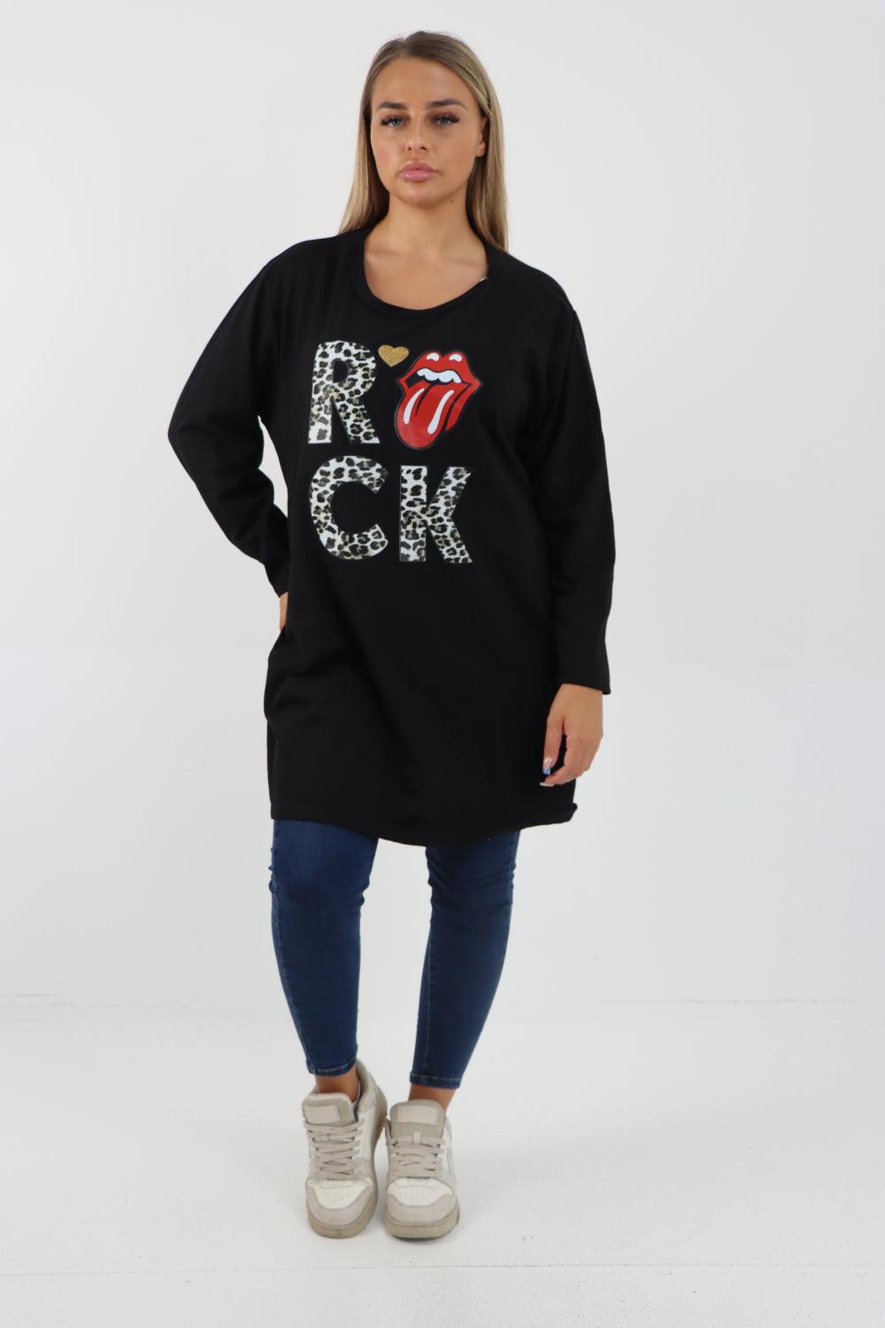 Rock Print Lip Long Sleeve Tunic Top - Lashra Fashion