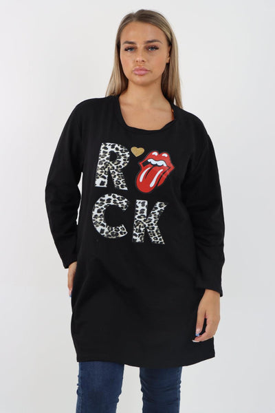 Rock Print Lip Long Sleeve Tunic Top - Lashra Fashion