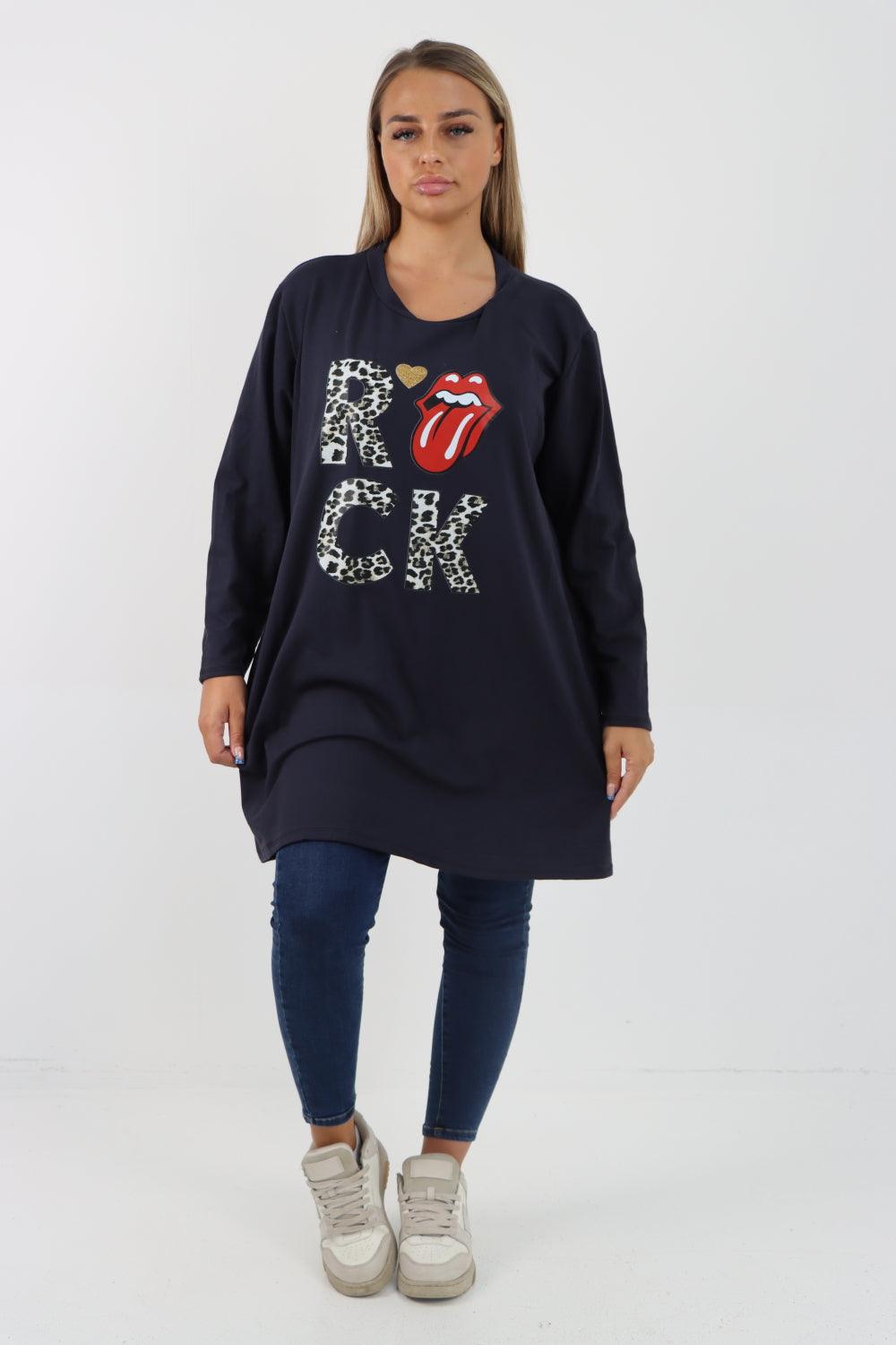 Rock Print Lip Long Sleeve Tunic Top - Lashra Fashion