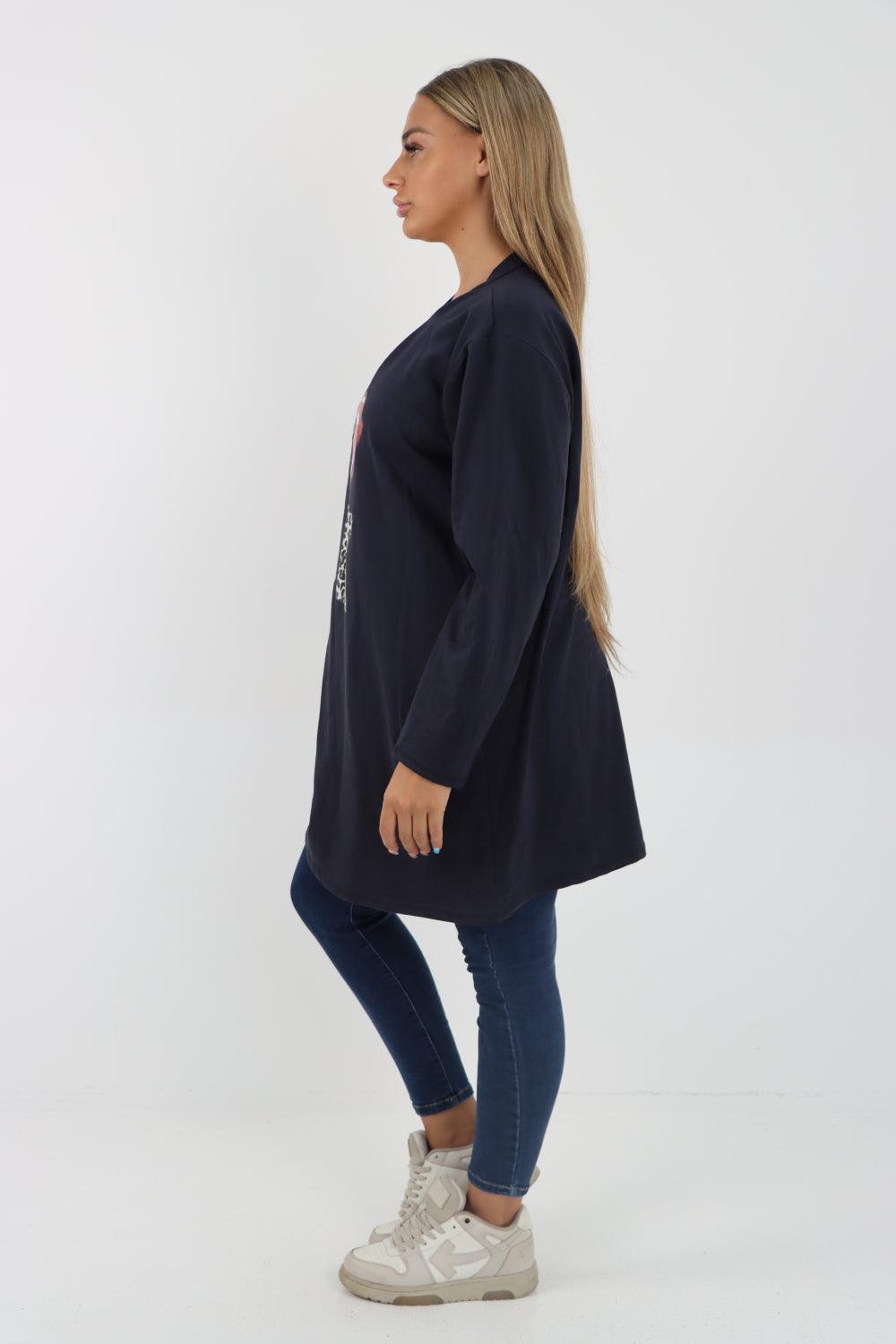 Rock Print Lip Long Sleeve Tunic Top - Lashra Fashion