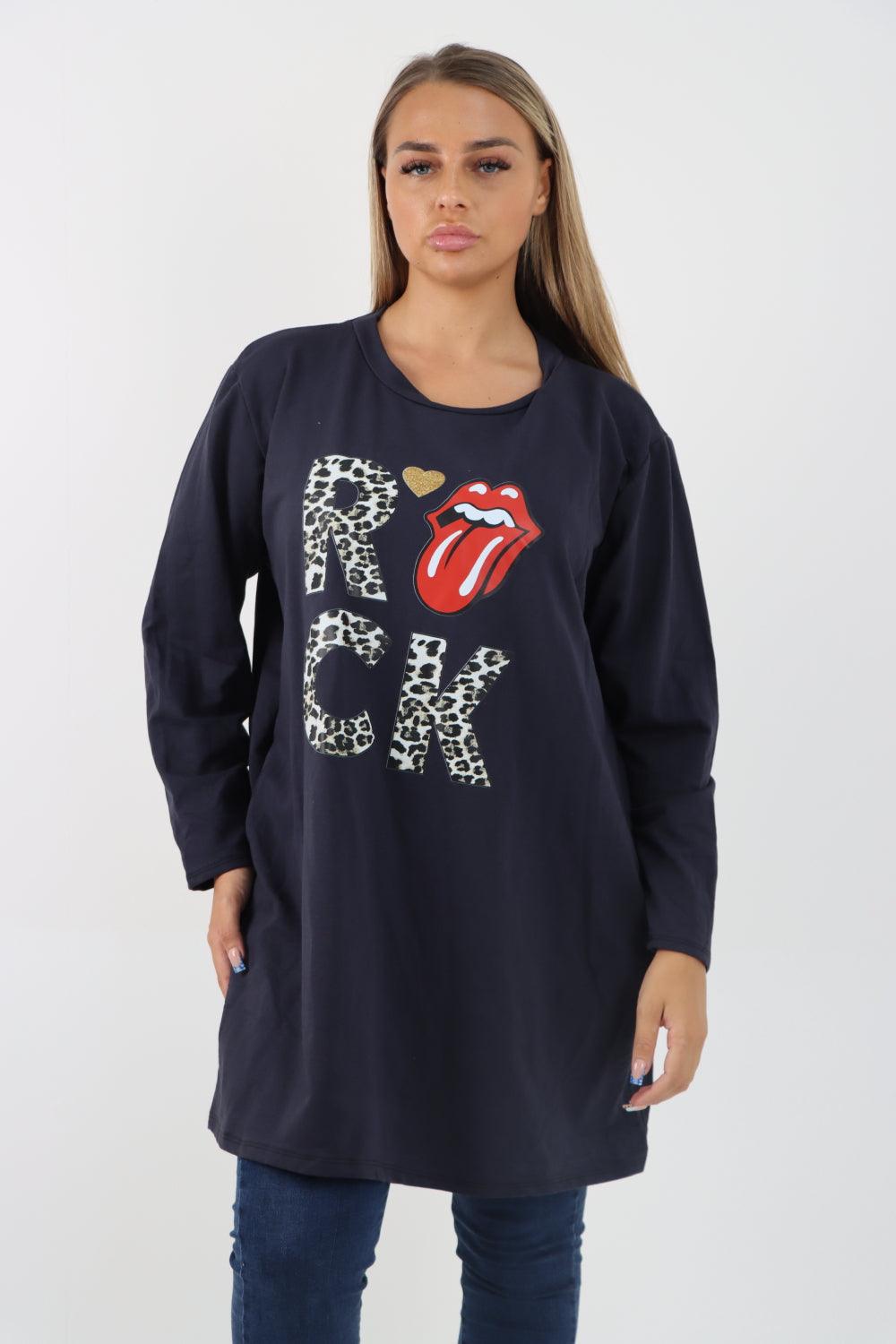 Rock Print Lip Long Sleeve Tunic Top - Lashra Fashion