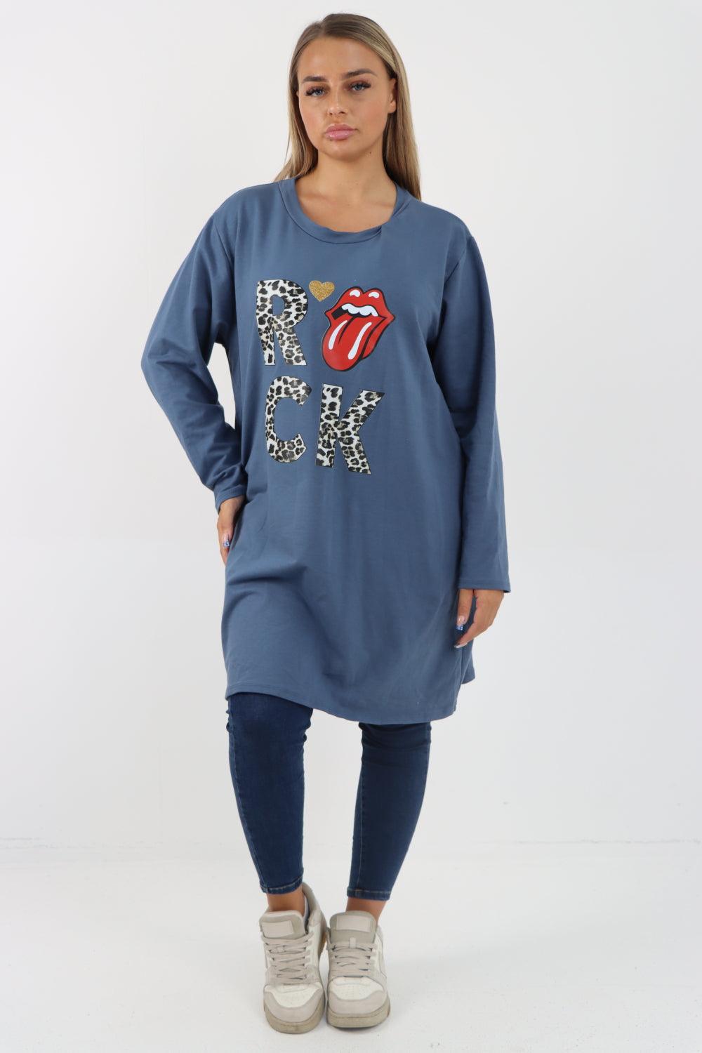 Rock Print Lip Long Sleeve Tunic Top - Lashra Fashion