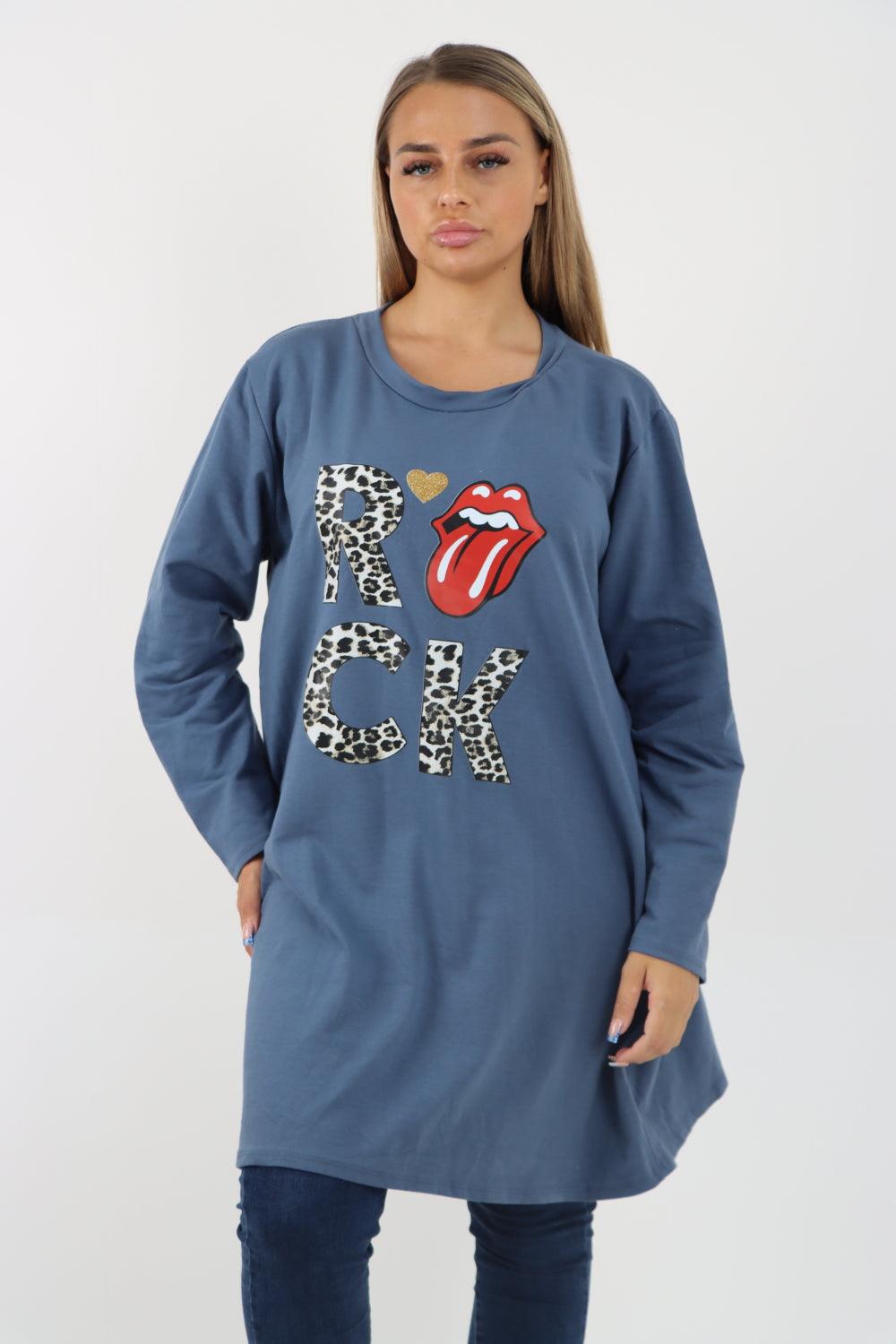 Rock Print Lip Long Sleeve Tunic Top - Lashra Fashion