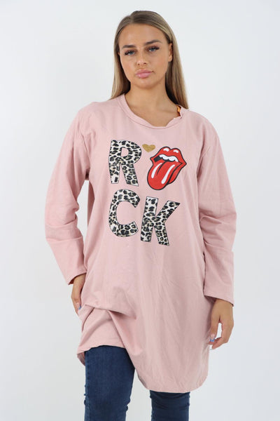 Rock Print Lip Long Sleeve Tunic Top - Lashra Fashion