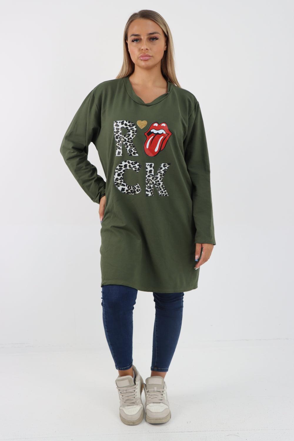 Rock Print Lip Long Sleeve Tunic Top - Lashra Fashion