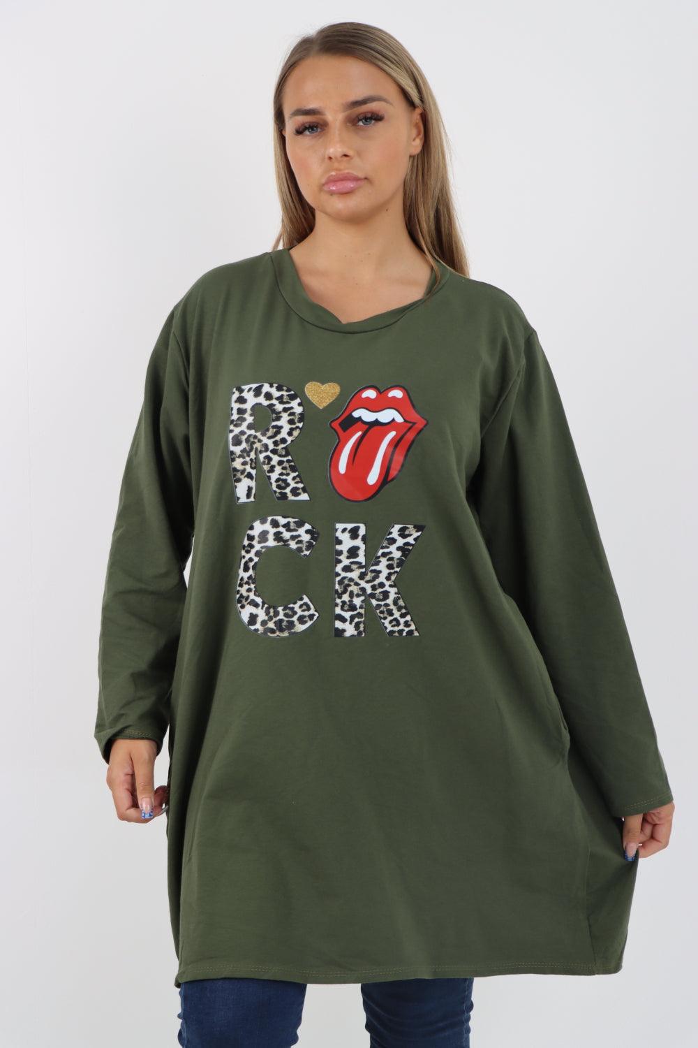 Rock Print Lip Long Sleeve Tunic Top - Lashra Fashion