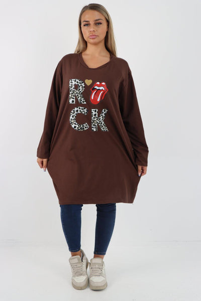 Rock Print Lip Long Sleeve Tunic Top - Lashra Fashion