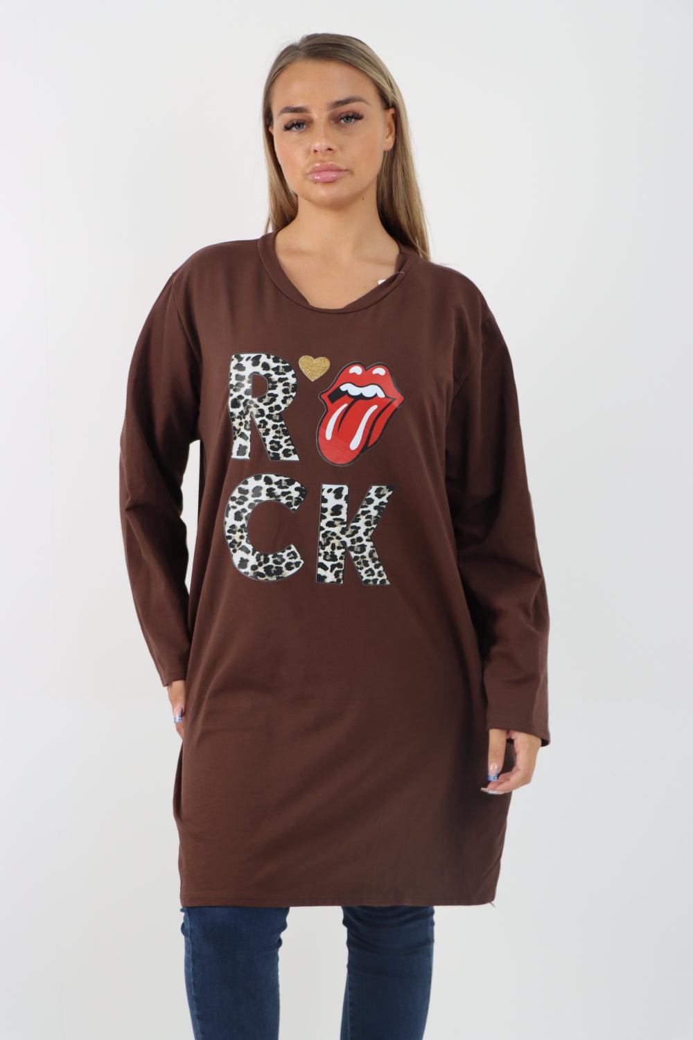 Rock Print Lip Long Sleeve Tunic Top - Lashra Fashion