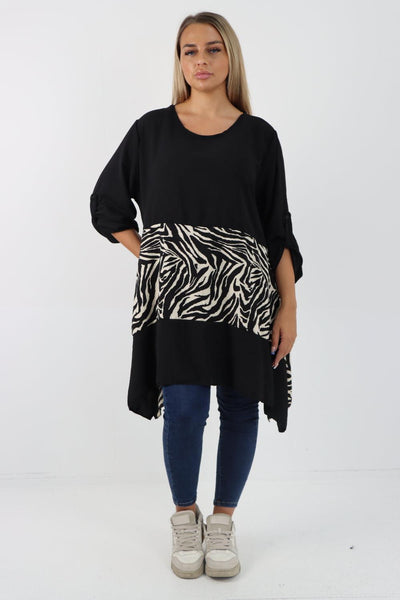 Animal Print Panel Turn Up Sleeve Tunic Top - Lashra Fashion