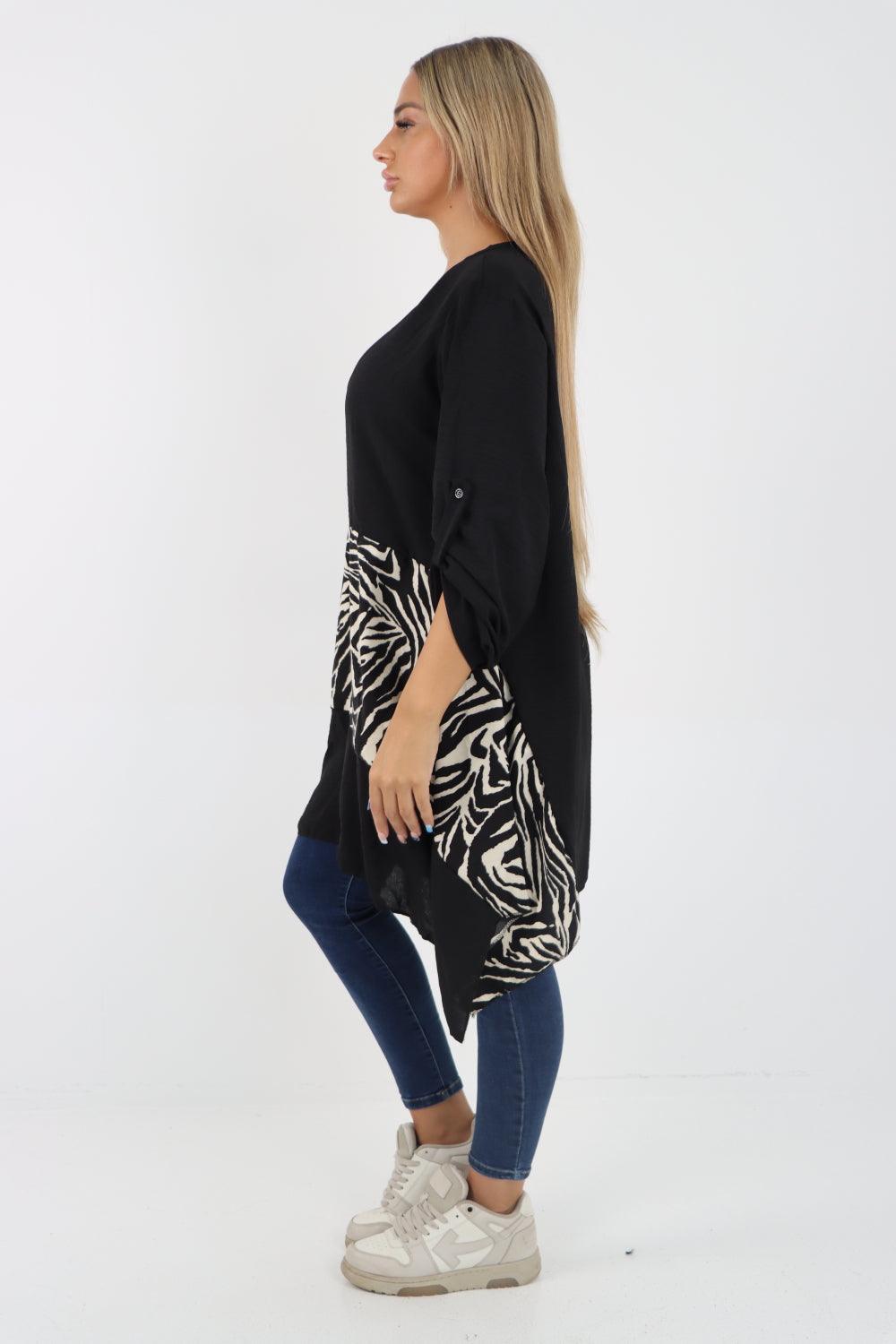 Animal Print Panel Turn Up Sleeve Tunic Top - Lashra Fashion