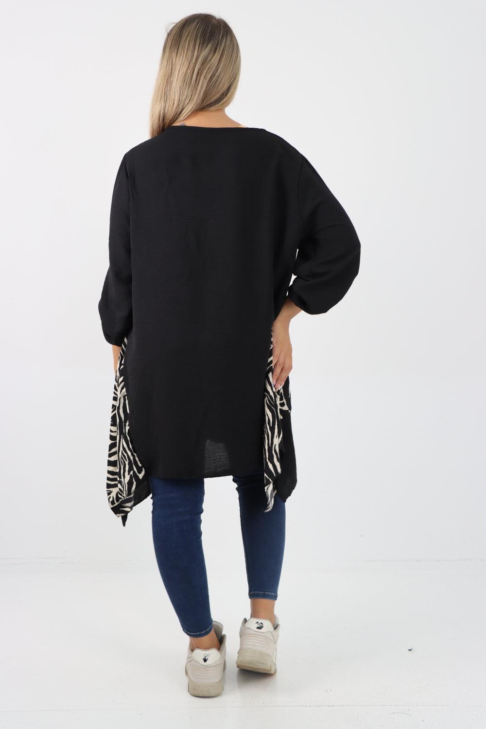 Animal Print Panel Turn Up Sleeve Tunic Top - Lashra Fashion