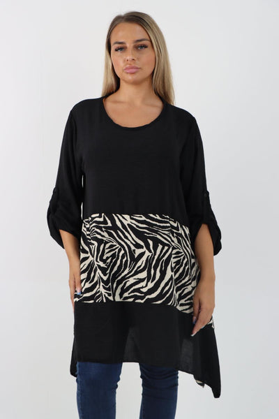 Animal Print Panel Turn Up Sleeve Tunic Top - Lashra Fashion