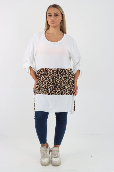 Animal Print Panel Turn Up Sleeve Tunic Top - Lashra Fashion