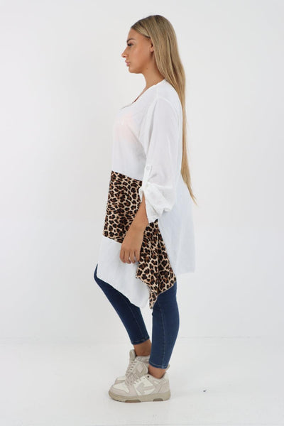 Animal Print Panel Turn Up Sleeve Tunic Top - Lashra Fashion