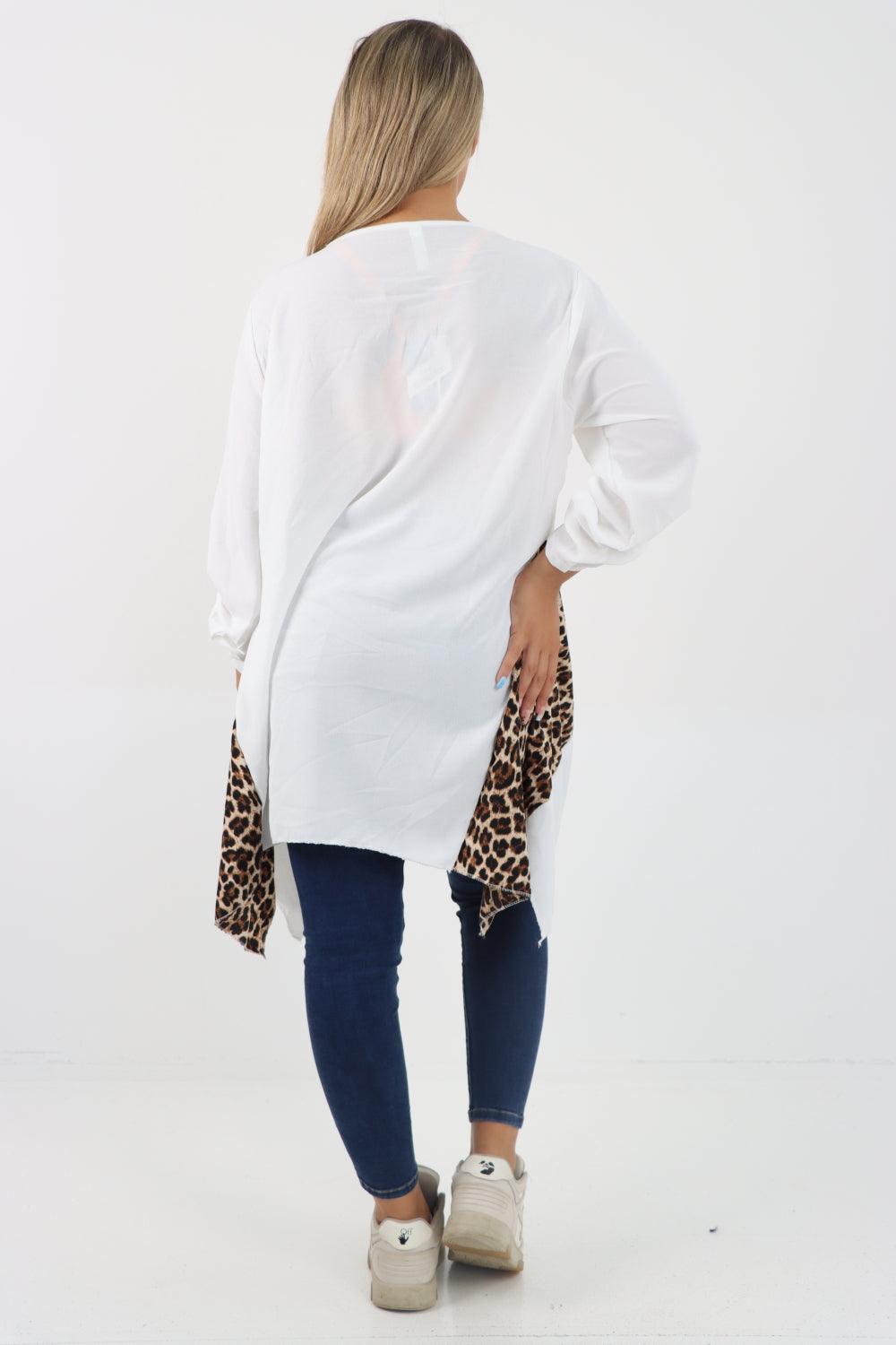 Animal Print Panel Turn Up Sleeve Tunic Top - Lashra Fashion