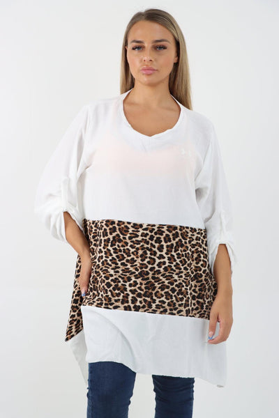 Animal Print Panel Turn Up Sleeve Tunic Top - Lashra Fashion