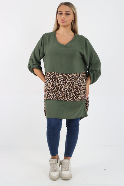 Animal Print Panel Turn Up Sleeve Tunic Top - Lashra Fashion