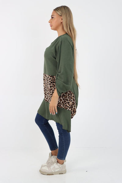 Animal Print Panel Turn Up Sleeve Tunic Top - Lashra Fashion