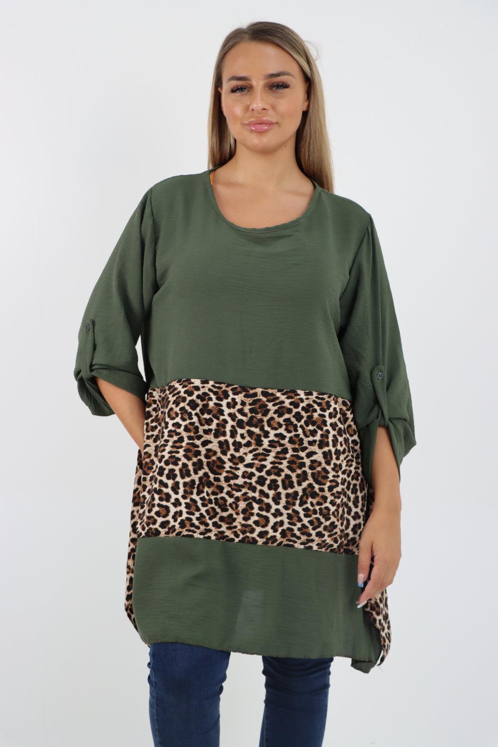 Animal Print Panel Turn Up Sleeve Tunic Top - Lashra Fashion