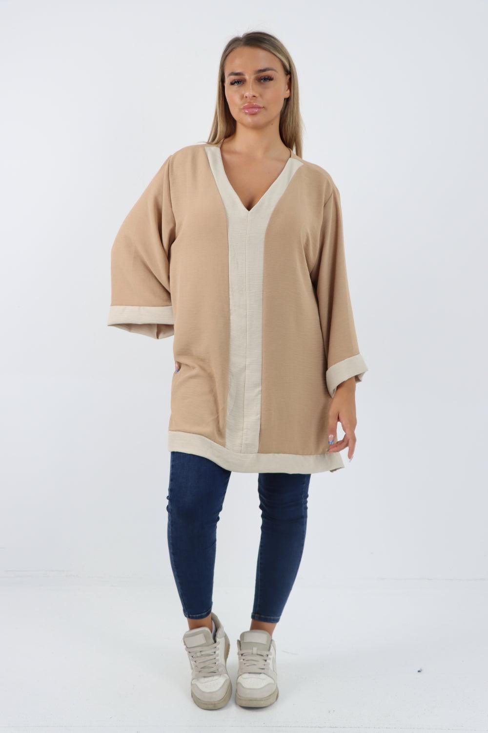 2 Tone Panel V Neck Tunic Top - Lashra Fashion