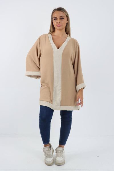 2 Tone Panel V Neck Tunic Top - Lashra Fashion