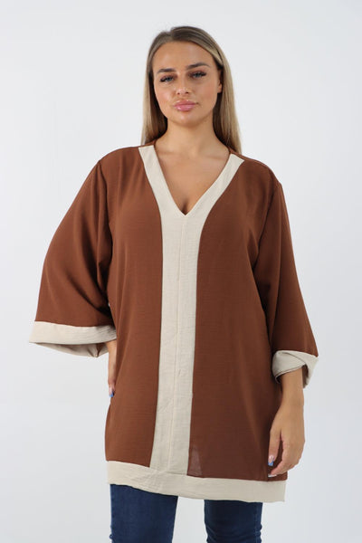 2 Tone Panel V Neck Tunic Top - Lashra Fashion