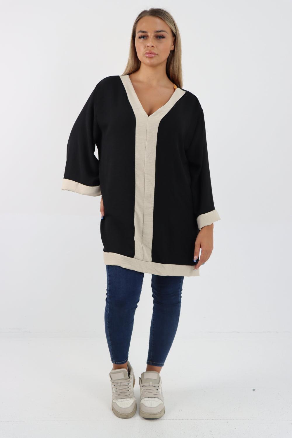 2 Tone Panel V Neck Tunic Top - Lashra Fashion