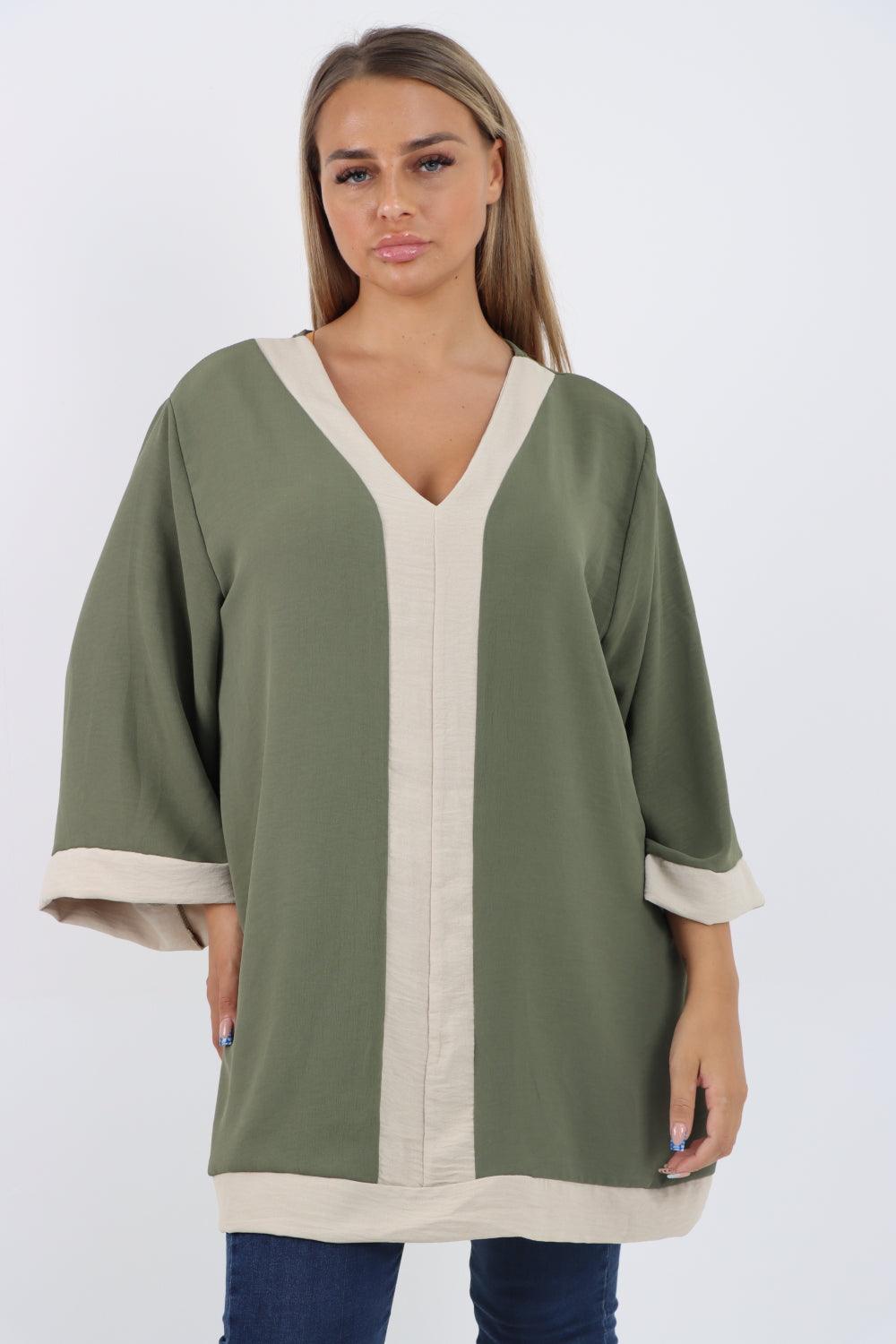 2 Tone Panel V Neck Tunic Top - Lashra Fashion