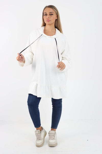 Frill Hem Long Sleeve Hooded Top - Lashra Fashion