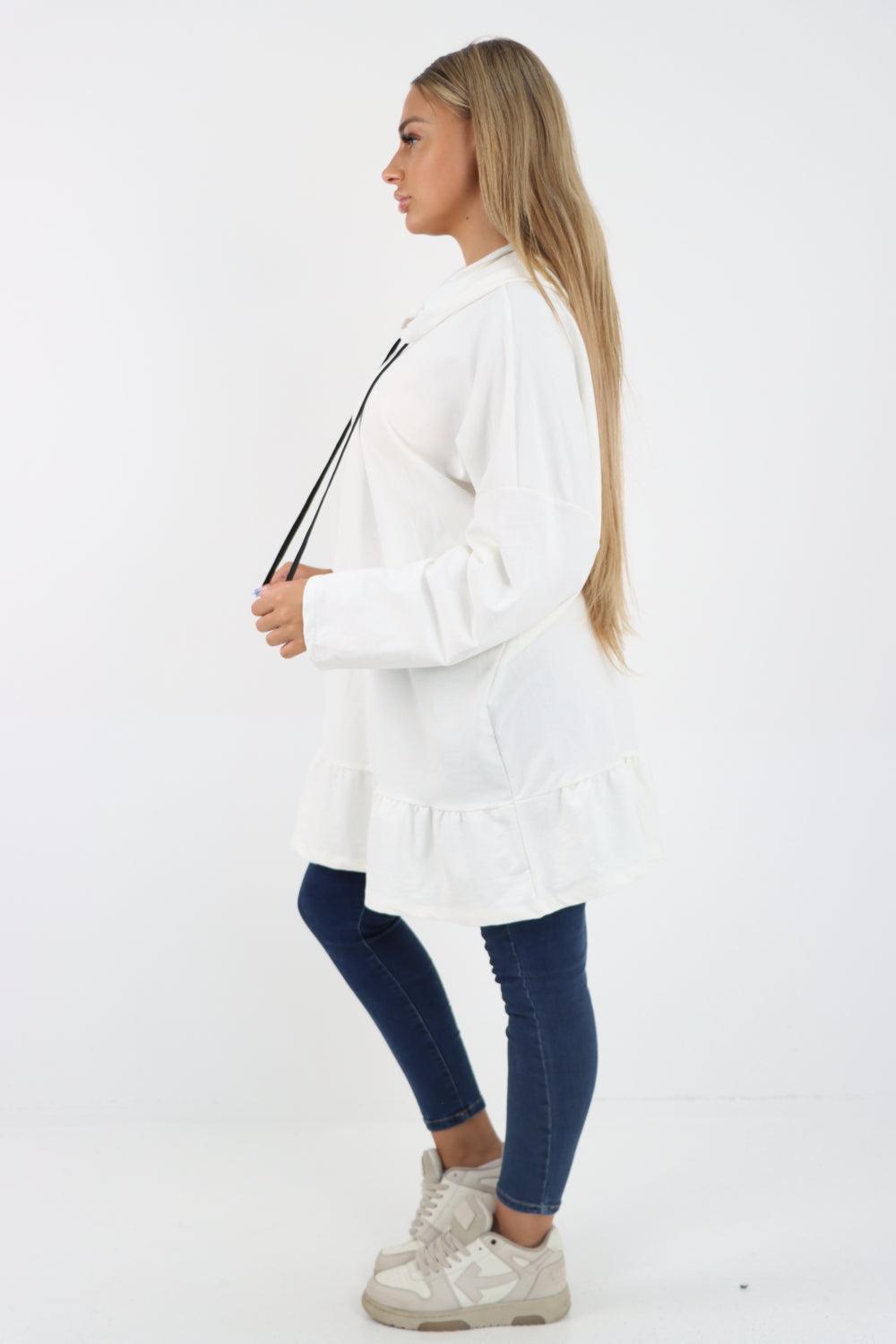 Frill Hem Long Sleeve Hooded Top - Lashra Fashion