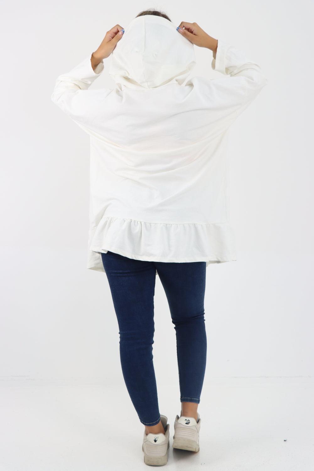 Frill Hem Long Sleeve Hooded Top - Lashra Fashion