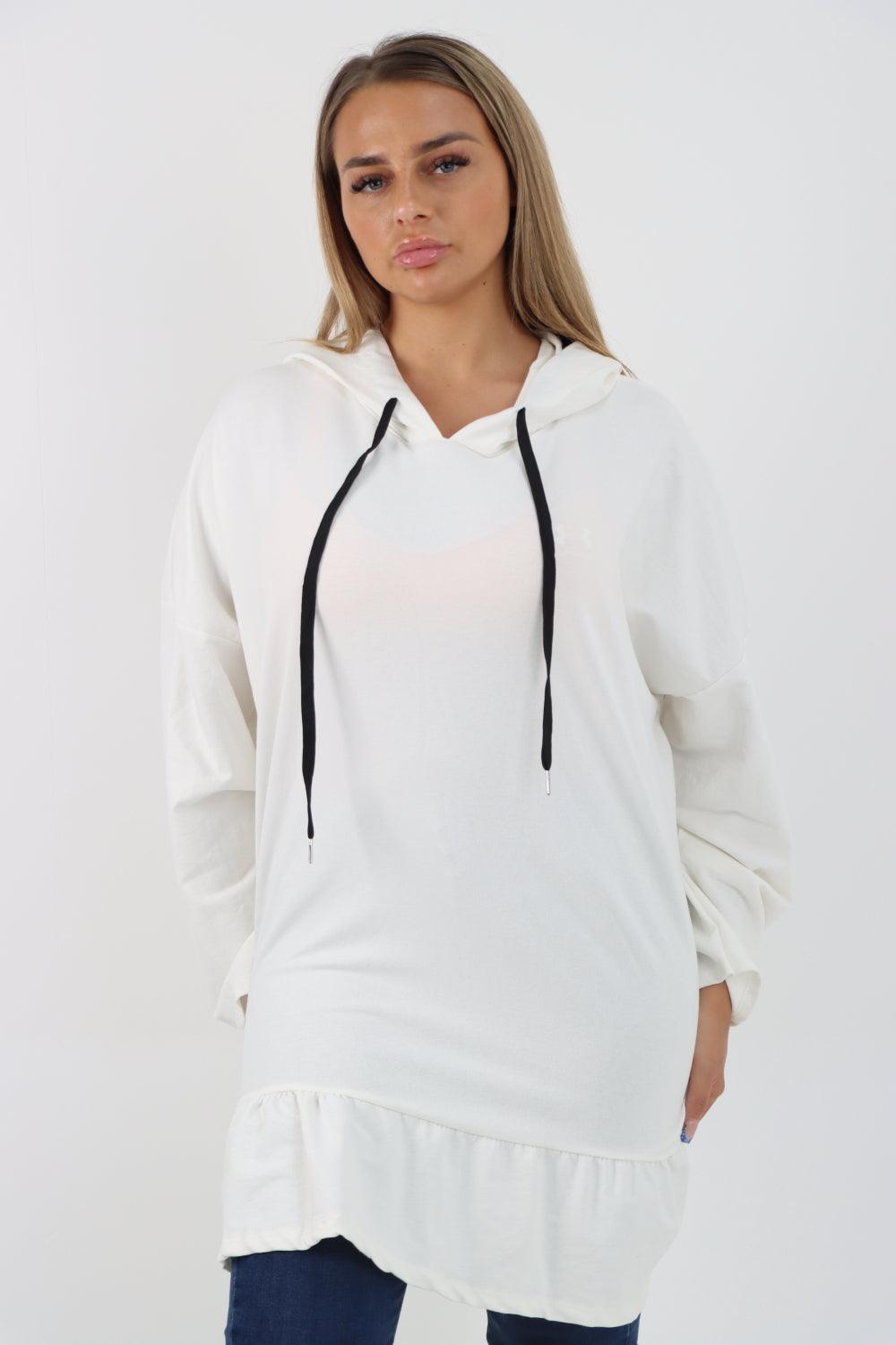 Frill Hem Long Sleeve Hooded Top - Lashra Fashion