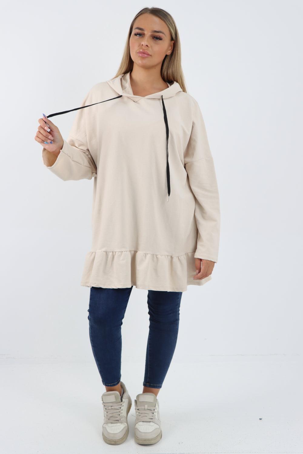 Frill Hem Long Sleeve Hooded Top - Lashra Fashion