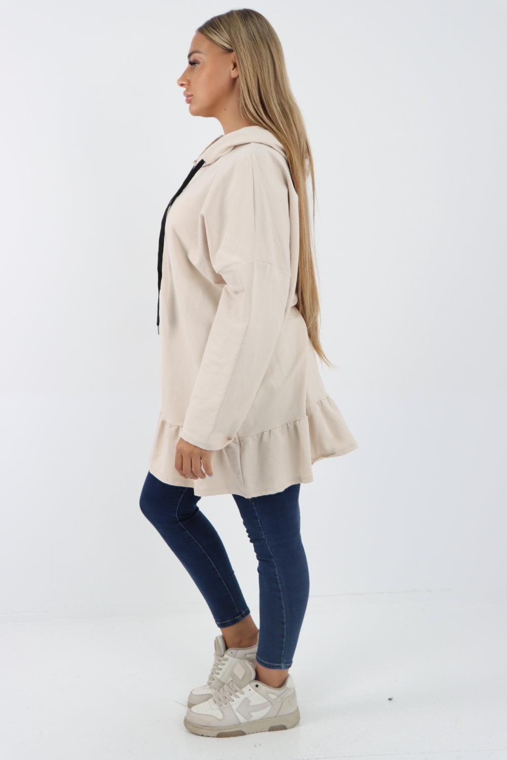 Frill Hem Long Sleeve Hooded Top - Lashra Fashion