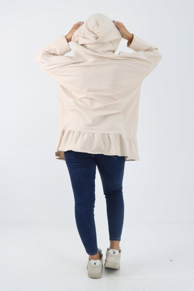 Frill Hem Long Sleeve Hooded Top - Lashra Fashion