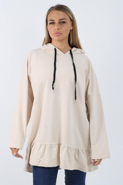 Frill Hem Long Sleeve Hooded Top - Lashra Fashion