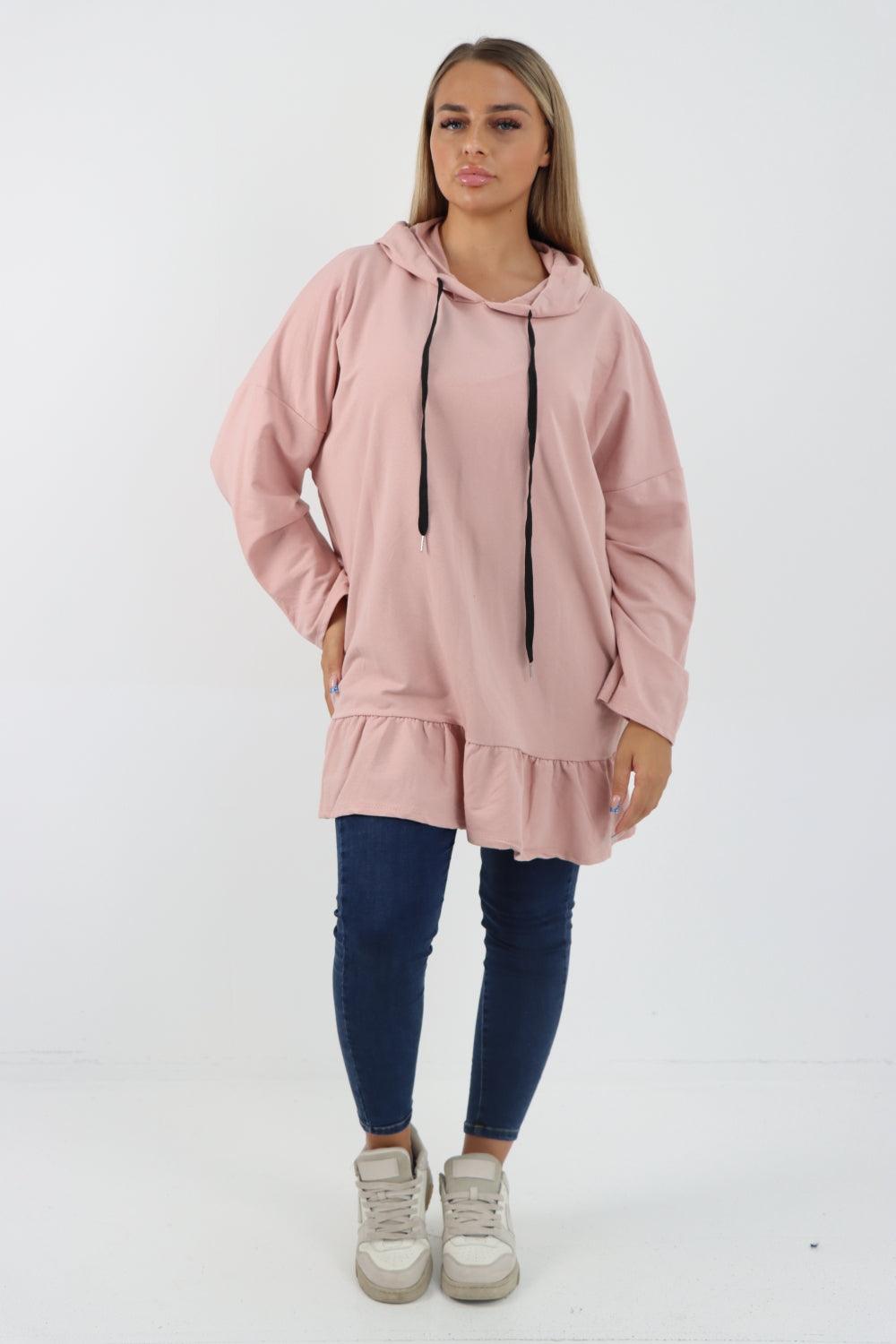 Frill Hem Long Sleeve Hooded Top - Lashra Fashion