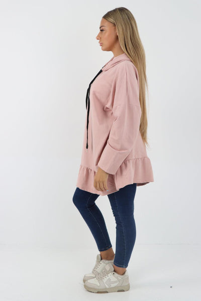 Frill Hem Long Sleeve Hooded Top - Lashra Fashion